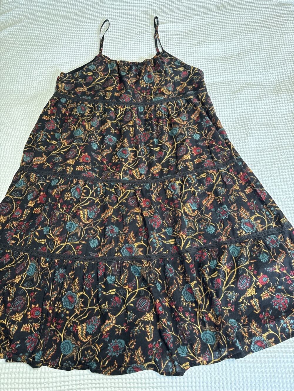 World Market Midi Dress Womens Sz L XL Black Floral Tiered Floaty Sleeveless EUC